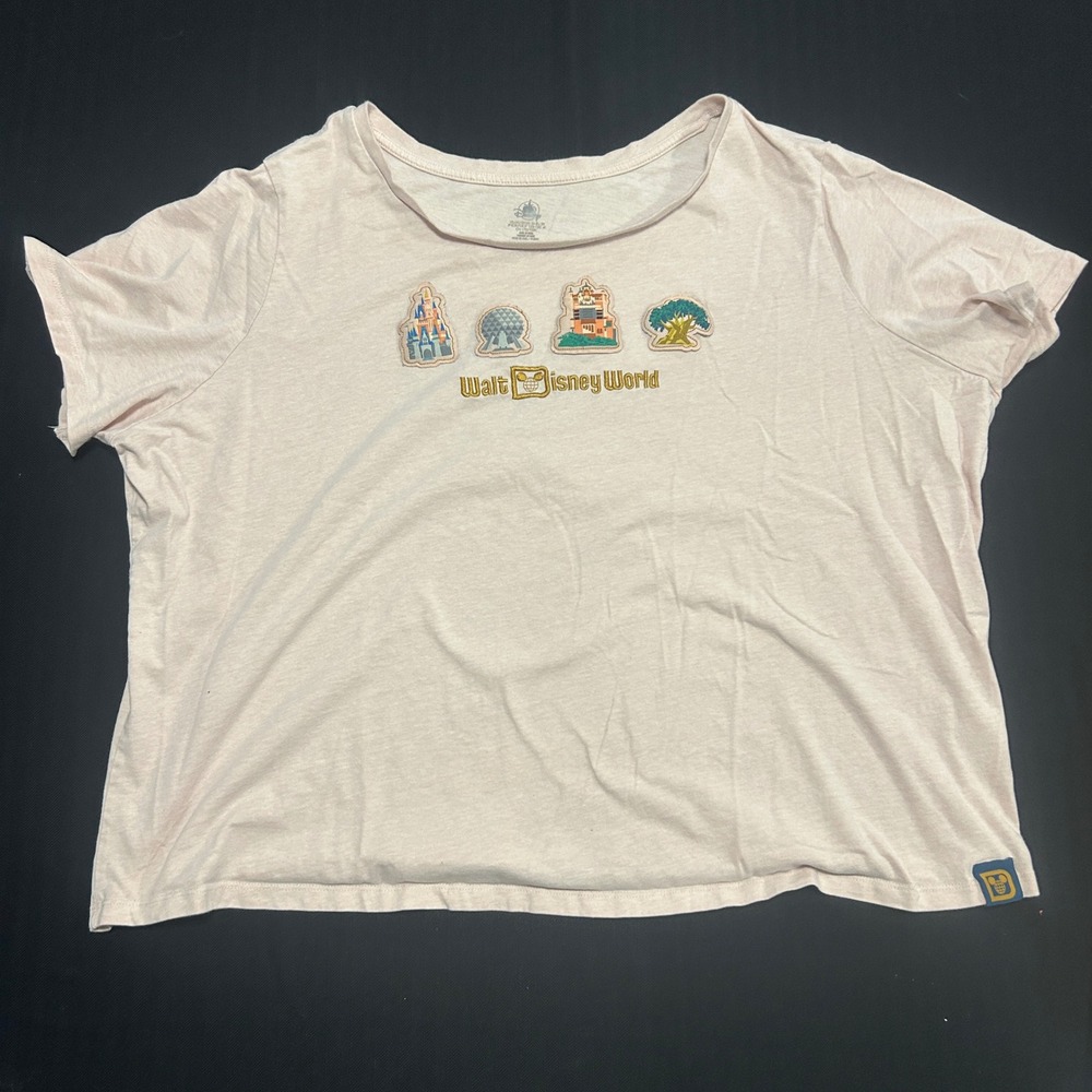 Disney World Park Icons Pink Crop Top T-Shirt Womens 2X Embroidered Patch